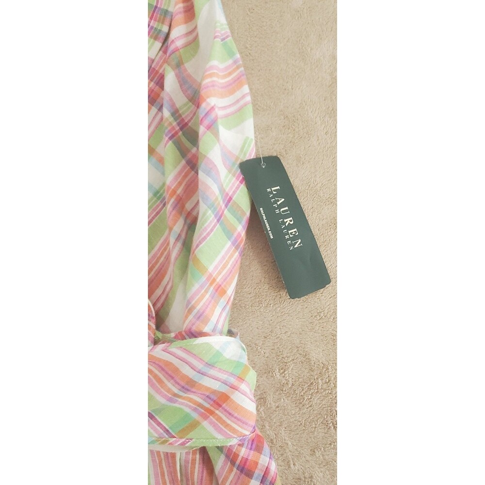 Lauren Ralph Lauren Pink Green Plaid Wrap Blouse - Size L - Picture 7 of 9